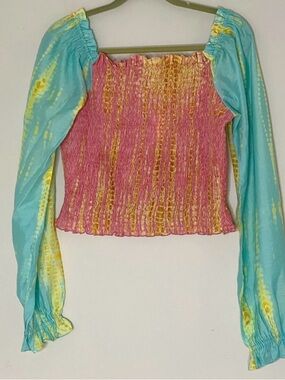 Kavita Bharti Tie Dye Smocked Top Boho Balloon Sleeve Medium Festival Blouse